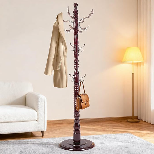 73" Wooden Coat Rack Freestanding, Coat Rack Stand With 18 Hooks And Round Solid Wood Base，Adjustable Height, Easy To Assemble For Entrance Hallway Office Living Room Bedroom (Metal)
