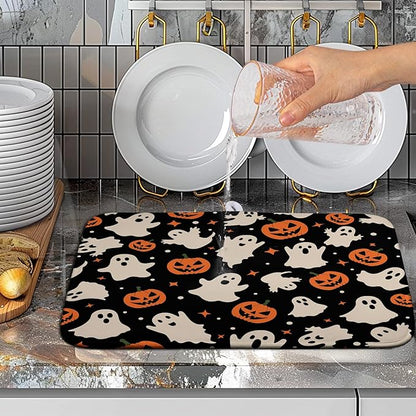 Wnoesat Halloween Dish Drying Mat for Kitchen Counter Pumpkin Spooky Ghosts Fall Dish Mat Absorbent Microfiber Reversible Dish Draining Mat Medium Dishes Pad 16 X 18 Inch