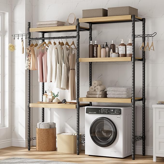 IDEALHOUSE 30" Adjustable Washer Dryer Shelf, 5-Tier Heavy Duty Laundry Organizer with Shelf Capacity, Ventilated Double Wood Shelves(Natural & Black)
