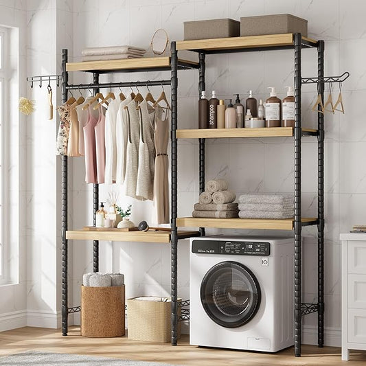 IDEALHOUSE 30" Adjustable Washer Dryer Shelf, 5-Tier Heavy Duty Laundry Organizer with Shelf Capacity, Ventilated Double Wood Shelves(Natural & Black)