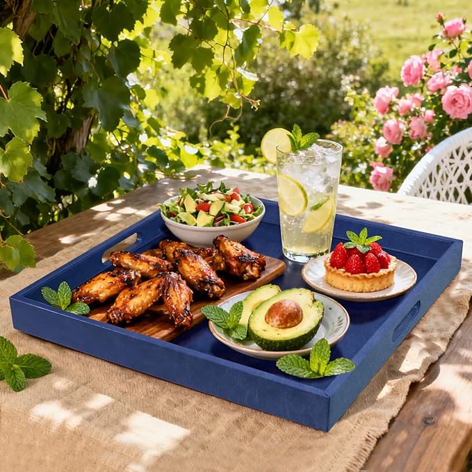 20 * 20 inches Leather Square Serving Tray with Hole Handles,High-End Light Large Service Tray for Ottoman Tray, Tea, Food, Butler - Countertop, Kitchen,Family Dinner, Picnic (Blue)