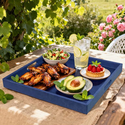 20 * 20 inches Leather Square Serving Tray with Hole Handles,High-End Light Large Service Tray for Ottoman Tray, Tea, Food, Butler - Countertop, Kitchen,Family Dinner, Picnic (Blue)