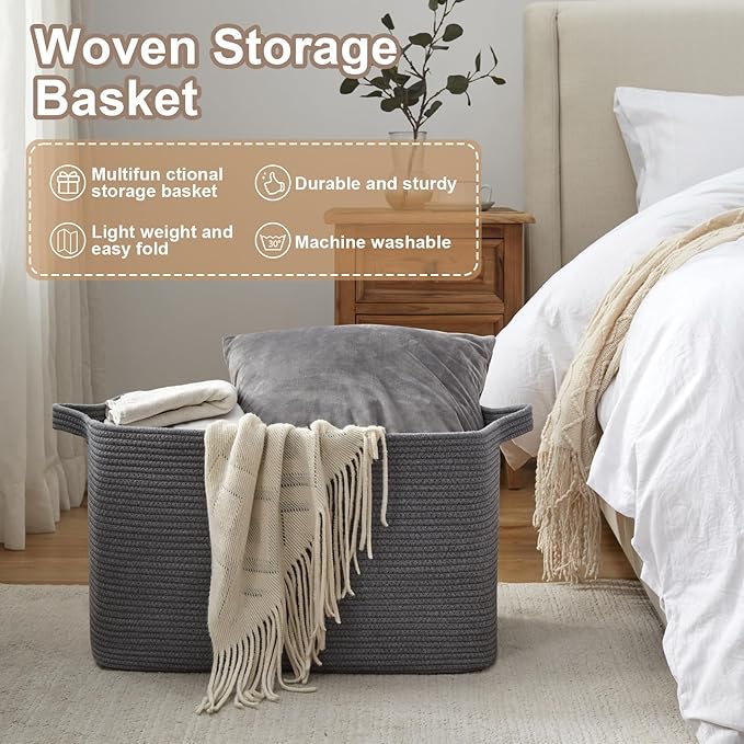 95L Large Blanket Basket, Blanket Storage Living Room, Rectangle Woven Baskets for Storage Toys, Towels, Dirty Clothes Organizer Bins (Dark Grey)