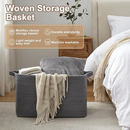 95L Large Blanket Basket, Blanket Storage Living Room, Rectangle Woven Baskets for Storage Toys, Towels, Dirty Clothes Organizer Bins (Dark Grey)