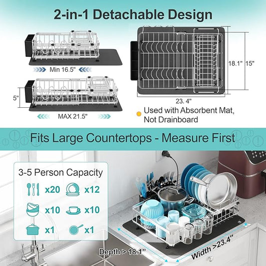 GSlife Large Capacity Expandable Dish Drying Rack with Absorbent Mat, 2-Piece Stainless Steel Dish Drainer Set for Counter with Removable Over Sink Rack, Family Size 16.5"-21.5" L x 15" W, Silver