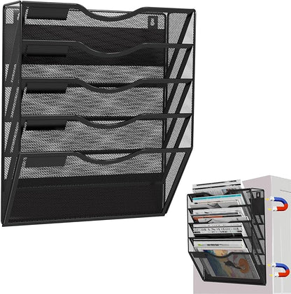 5-Tier Magnetic File Holder, No Drilling Installation File Cabinet Organizer, Black Magnetic File Organizer, Magazine Rack, Magnetic Paper Holder for Refrigerator, File Cabinets, Whiteboard