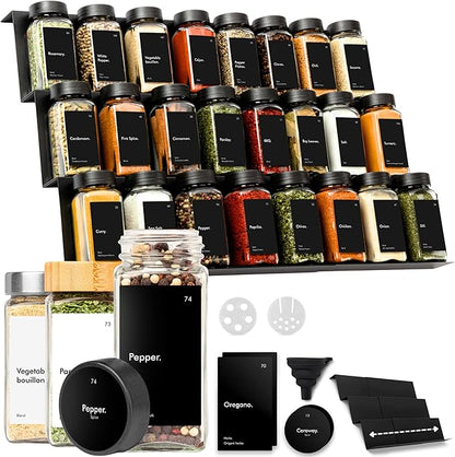 KIVY Drawer Spice Organizer + 24 Jars & 240 Labels - Seasoning Rack for Organization - Kitchen Drawer Insert for Spice Jars - Glass Seasoning Jars with Airtight Lids - Glass Spice Jars with Label