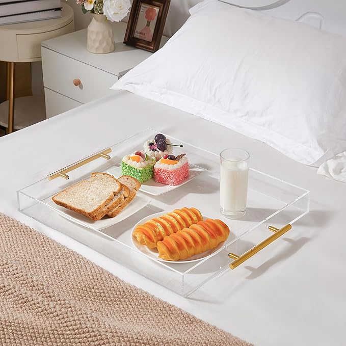 Large Clear Acrylic Serving Tray (16×18 Inches) with Gold Handles Spill Proof Acrylic Decorative Tray Organiser for Ottoman Coffee Table Countertop