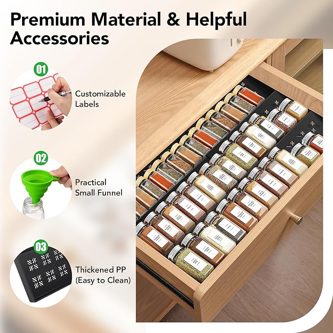 Idcymoul Spice Drawer Organizer 3-Tier Expandable (11"-22" Wide), Spice Rack for Cabinet with Funnel & Spice Labels, Fits Large Jars, Seasoning Storage Insert Design for Cabinet & Drawer (Black)