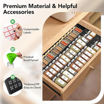 Idcymoul Spice Drawer Organizer 3-Tier Expandable (11"-22" Wide), Spice Rack for Cabinet with Funnel & Spice Labels, Fits Large Jars, Seasoning Storage Insert Design for Cabinet & Drawer (Black)