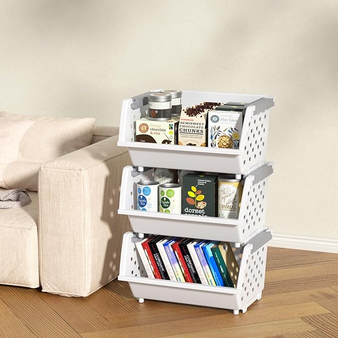 Plastic Stacking Bins, Stackable Storage Basket, White, Set of 3