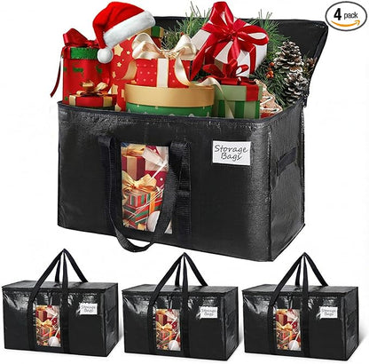 TAILI Extra Large Moving Bags, 4 Pack Black Heavy Duty Totes For Storage with Visible Window, Wrap Around Handles, Storage Bags for Space Saving, Alternative to Moving Boxes