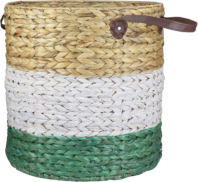 16" Beige White and Teal Braided Wicker Basket with Handles