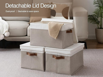 StorageWorks Storage Bins with Lids, Decorative Storage Boxes with Lid and PU Handles, Foldable Storage Baskets for Closet, Shelves, Stackable, Brown and White, Jumbo, 3-Pack