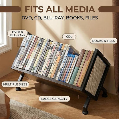 DVD & CD Storage Rack, Blu ray Storage Shelve Holds Up To 28 DVD Cases, Wooden Media Holder also Used for CDs, Video Game, Vhs Taps Storage, Retro Style Desktop organizer