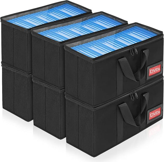 DVD Storage Case 2 Pack, Each Holds 25 DVDs (150 Total), 15.5" x 5.7" x 8", Portable Organizer Bag with Clear Cover, Zipper & Handles, Black