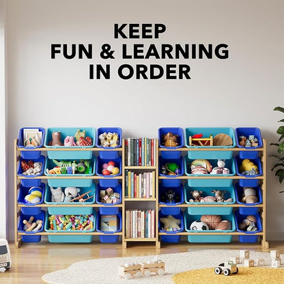 SpaceAid Large Toy Storage Organizer with 24 Bins and 3 Shelves, Toy Organizers Storage Bookshelf, Kids Bin Shelf Box Bookcase for Bedroom Playroom Organization Room Decor, Blue and Navy Blue