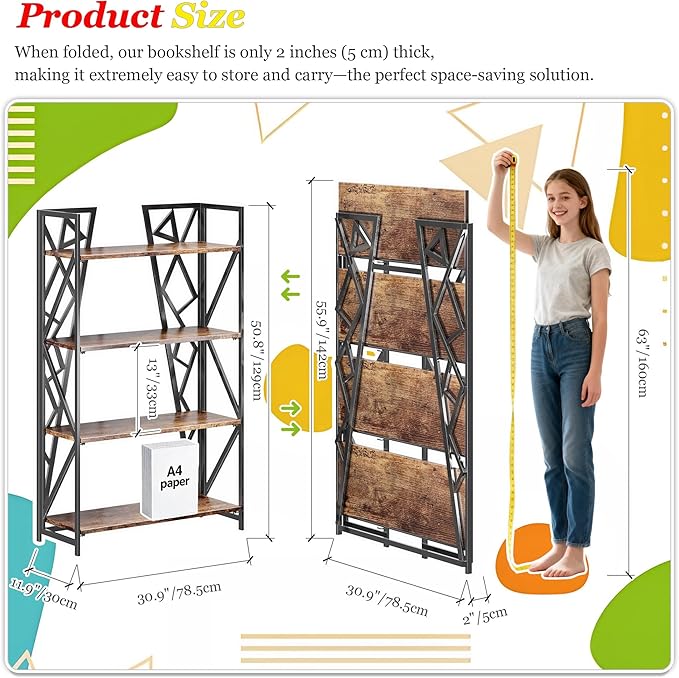 UDD No Assembly Wide Folding Bookshelf, 50.8" H x 30.9" W, 4 Tier Foldable Book Shelf Industrial Bookcase, Vintage Collapsible Storage Shelves for Home Office Living Room Bedroom, Rustic Brown Black