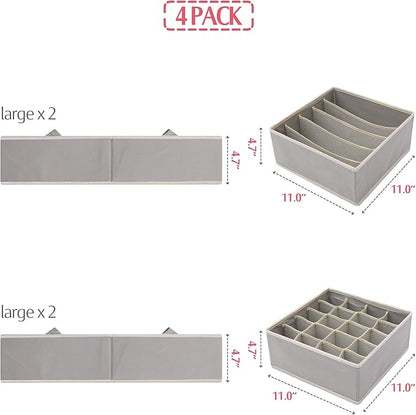 DIOMMELL Set of 4 Foldable Cloth Storage Box Closet Dresser Drawer Organizer Fabric Baskets Bins Containers Divider for Clothes Underwear Bras Socks Lingerie Clothing, Grey 22-0000
