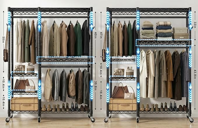 Rolling Heavy Duty Clothes Racks for Hanging Clothes, Portable Garment Clothing Rack with Shelves Double Rods and Side Hooks, Freestanding Wardrobe Closet Organizer Storage, 45"X17.1"X76.4"