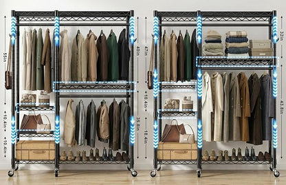 Rolling Heavy Duty Clothes Racks for Hanging Clothes, Portable Garment Clothing Rack with Shelves Double Rods and Side Hooks, Freestanding Wardrobe Closet Organizer Storage, 45"X17.1"X76.4"