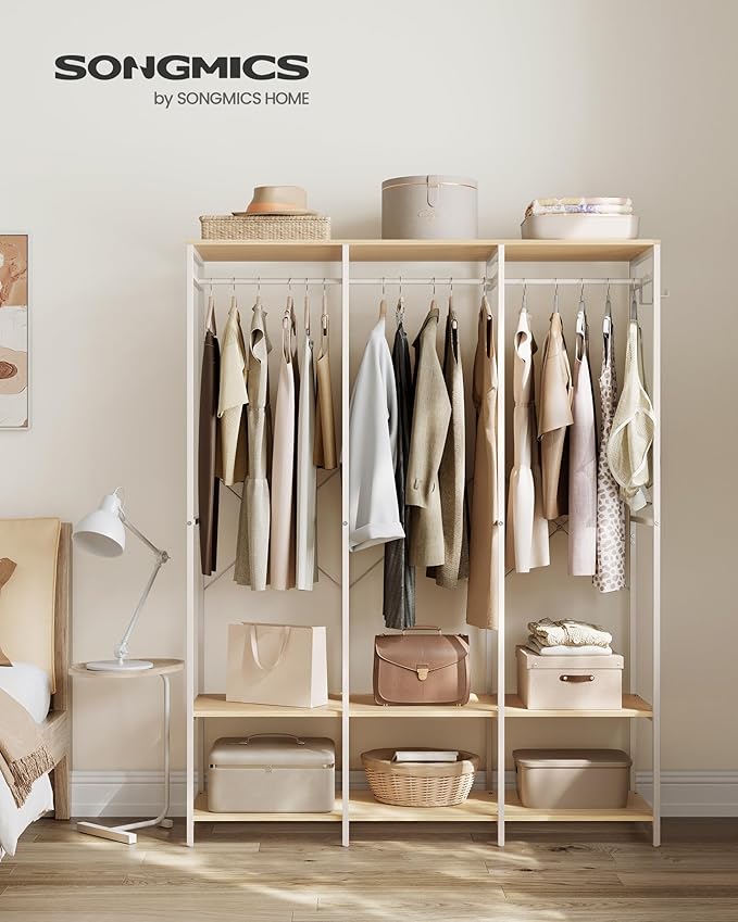SONGMICS Clothes Rack, Iron and Wood Wardrobe Closet Organizer, Heavy Duty Garment Rack with Hanging Rods, Closet Shelves, Removable Hooks, 15.7 x 55.5 x 70.9 Inches, Natural Beige URGR005W67