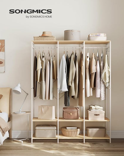 SONGMICS Clothes Rack, Iron and Wood Wardrobe Closet Organizer, Heavy Duty Garment Rack with Hanging Rods, Closet Shelves, Removable Hooks, 15.7 x 55.5 x 70.9 Inches, Natural Beige URGR005W67
