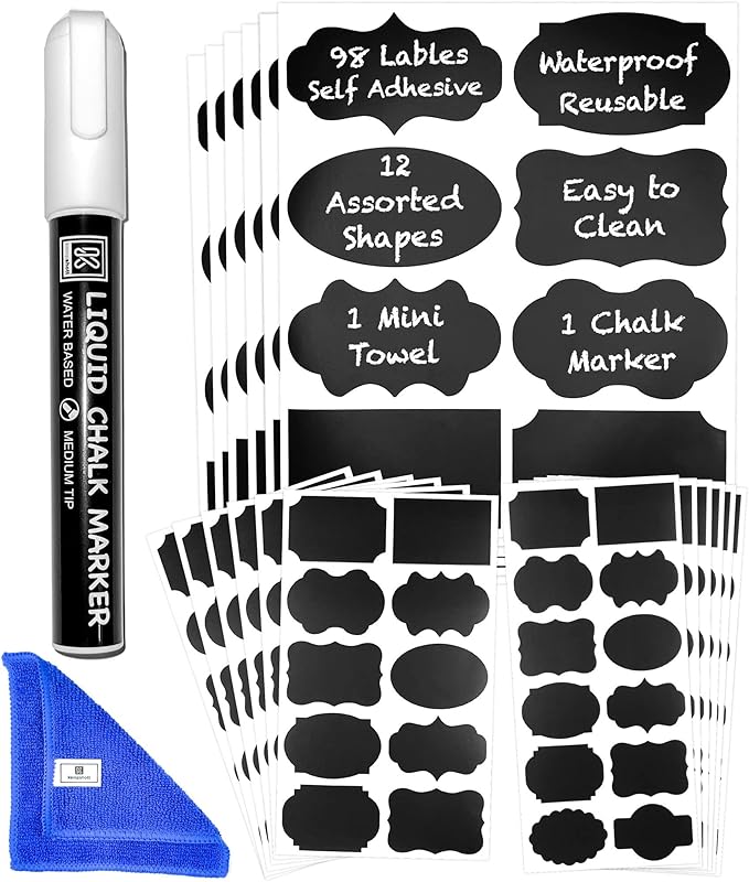 Chalkboard Labels for Jars 98pcs - Waterproof Reusable Chalk Sticker Labels for Containers Storage Jars - 12 Unique Shapes & 3 Sizes Includes Erasable Liquid Chalk Marker & Mini Towel (Pack of 98)