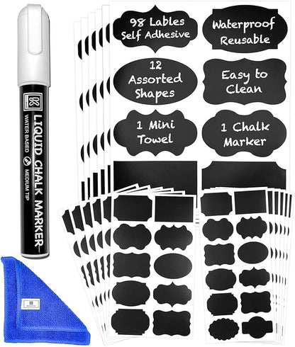 Chalkboard Labels for Jars 98pcs - Waterproof Reusable Chalk Sticker Labels for Containers Storage Jars - 12 Unique Shapes & 3 Sizes Includes Erasable Liquid Chalk Marker & Mini Towel (Pack of 98)