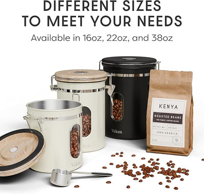 Veken Coffee Canister with Window, Airtight Stainless Steel Kitchen Food Storage Container with Lids, Date Tracker and Scoop for Grounds Coffee, Beans, Tea, Flour, Cereal, Sugar Jars, 16OZ, Cream