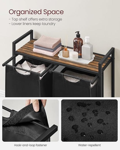 VASAGLE Laundry Hamper, Laundry Basket, Laundry Sorter with 2 Pull-Out and Removable Bags, Shelf, Metal Frame, 2 x 12.1 Gallons (46 L), 28.8 x 13 x 28.4 Inches, Ink Black and Rustic Brown UBLH201B01