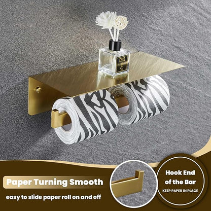 Suyar Toilet Paper Holder Brushed Gold, SUS 304 Stainless Steel Bathroom Double Toilet Paper Roll Holder with Shelf, Wall Mounted
