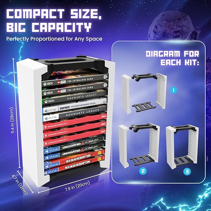 TNP Universal Video Game Storage Tower for PS5, PS4, PS3, Nintendo Switch, Xbox One, Xbox Series S/X - White Video Game Holder Organizer Stand with 12 CD Case Storage for Organizing & Displaying