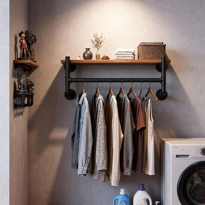WEBI Wall Mounted Clothes Rack with Shelf,30" Industrial Pipe Clothing Rack with Shelf with Hanging Rod,Heavy Duty Iron Garment Rack Bar,Retail Display Clothes Rod for Laundry Room,Closet,Black