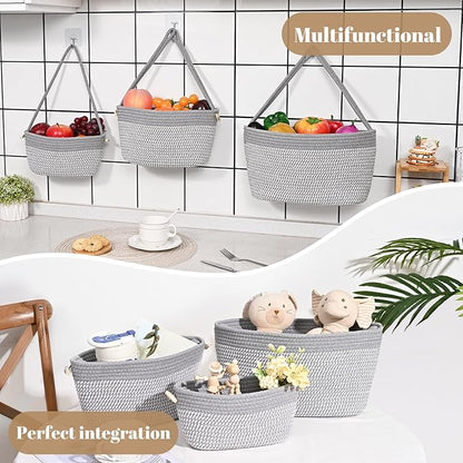 Hanging Storage Baskets, Over The Door Basket, Cotton Wall Baskets Storage, Hanging Door Basket with 4 Hooks