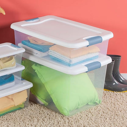 Sterilite 24-Pack Latching Box, Under Bed Storage Bins with Lids, Clear Plastic, 32 Quart - Heavy-Duty Organizing Containers for Closet, Bathroom, and Office
