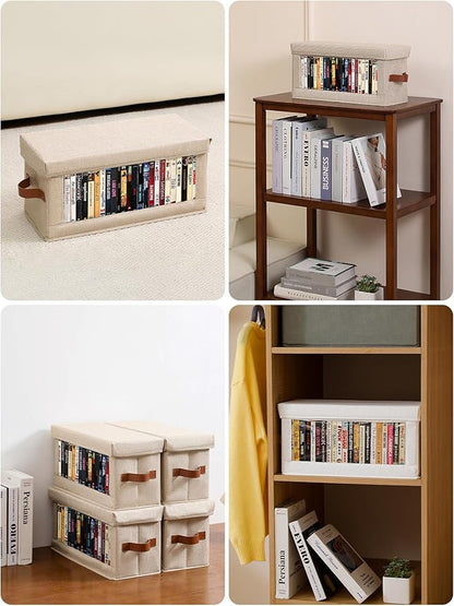 4 Pack DVD Storage Box with Visible Window, Dustproof CD/DVD Case Holder Organizer Rack Can Hold Up to 104 DVD, Blu-ray & CD Storage, Stackable and Lid Design-Beige