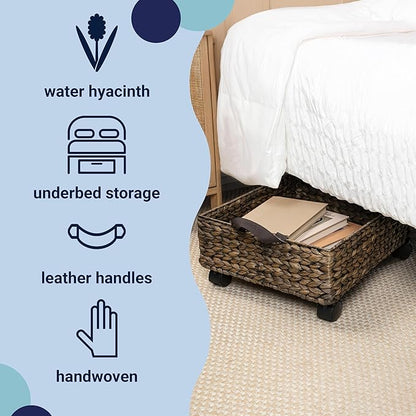 happimess BSK2014B Adaline 18.11" Classic Farmhouse Handwoven Hyacinth Rectangular Underbed Storage Bin with Wheels and Handles for Storage and Decoration in Bathroom, Bedroom, Closet, Entryway, Brown