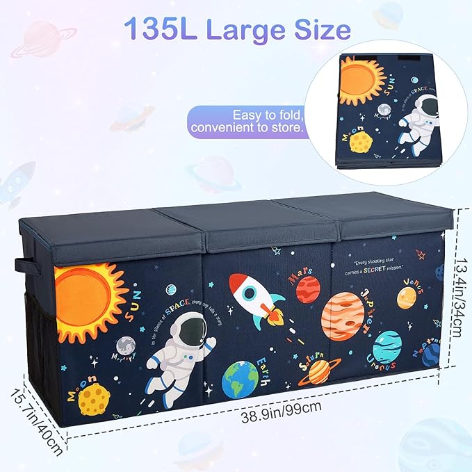 Unicorn Castle Toy Box with Adjustable Divider Toy Chest Storage Large Toy Storage Organizer Bin Collapsible with Lid Pockets for Nursery Playroom,Blue Astronaut
