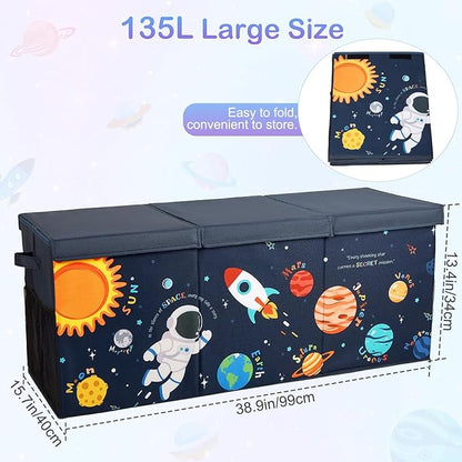 Unicorn Castle Toy Box with Adjustable Divider Toy Chest Storage Large Toy Storage Organizer Bin Collapsible with Lid Pockets for Nursery Playroom,Blue Astronaut