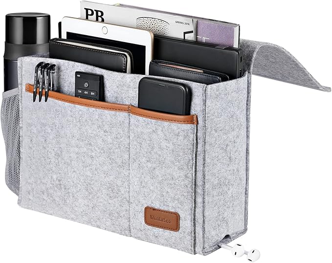 WantuSee Bedside Caddy, Felt Bed Storage Organizer Hanging Bag Holder with 5 Pockets, Magazine Book Phone Tablet iPad Cables Remote and Water Bottle Holder for Home Dorm Bed Sofa, Light Gray