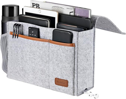 WantuSee Bedside Caddy, Felt Bed Storage Organizer Hanging Bag Holder with 5 Pockets, Magazine Book Phone Tablet iPad Cables Remote and Water Bottle Holder for Home Dorm Bed Sofa, Light Gray