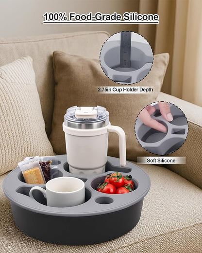 Couch Cup Holder Tray Round, Bonfixe 4-Cups Bedside Drink Holder for Elderly/Pregnancy, Stable Non-Spill Silicone Couch Caddy for Remote Control, Glasses‌, Snacks, Phones‌ (White-Black)