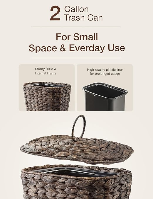 Wicker Waste Basket - Wicker Trash Can with Lid - Water Hyacinth Bathroom Garbage Can with a Lid - Bathroom Trash Can Boho Style - Removable Liner, Iron Frame (Black, 2 Gallons)