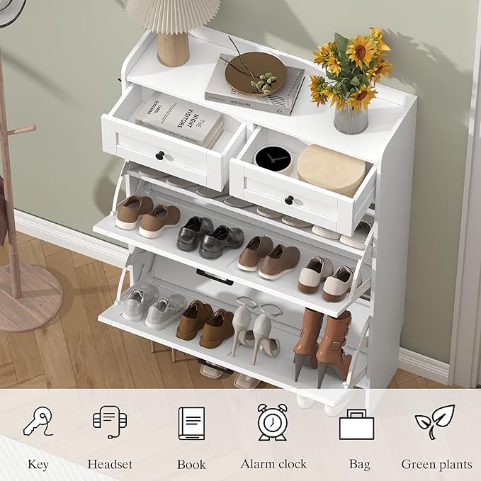 Shoe Cabinet with 2 Flip Drawers & 2 Storage Drawers, Rustic Farmhouse Narrow Shoe Organizer Cabinet, Slim Shoe Rack Cabinet, Shoe Storage Cabinet for Entryway, Hallway, Front Door