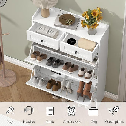 Shoe Cabinet with 2 Flip Drawers & 2 Storage Drawers, Rustic Farmhouse Narrow Shoe Organizer Cabinet, Slim Shoe Rack Cabinet, Shoe Storage Cabinet for Entryway, Hallway, Front Door