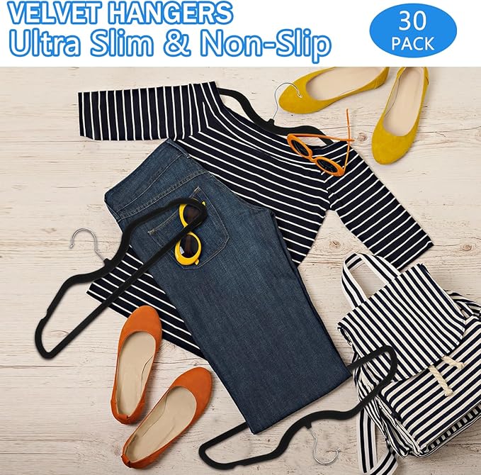 30 Pack Pants Hangers Non Slip, Velvet Hanger for Closet with 30 Hooks, Durable Strong Slimline Space Saving Pants Hanger, Ultra Thin Flocked Hangers for Pants/Shirts/Bra/Shorts (Black)