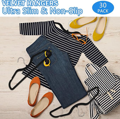 30 Pack Pants Hangers Non Slip, Velvet Hanger for Closet with 30 Hooks, Durable Strong Slimline Space Saving Pants Hanger, Ultra Thin Flocked Hangers for Pants/Shirts/Bra/Shorts (Black)