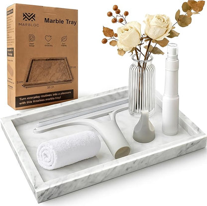 MARBLOC 12"x8" Marble Tray White Rectangular Bathroom Tray countertop, Vanity & Kitchen | Includes Mirror Wiper and Wash Towel | Decorative Organizer for Perfume, Jewelry & Home Decor