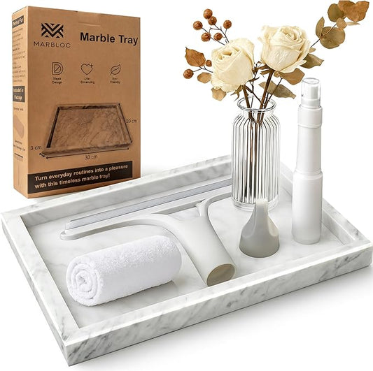 MARBLOC 12"x8" Marble Tray White Rectangular Bathroom Tray countertop, Vanity & Kitchen | Includes Mirror Wiper and Wash Towel | Decorative Organizer for Perfume, Jewelry & Home Decor